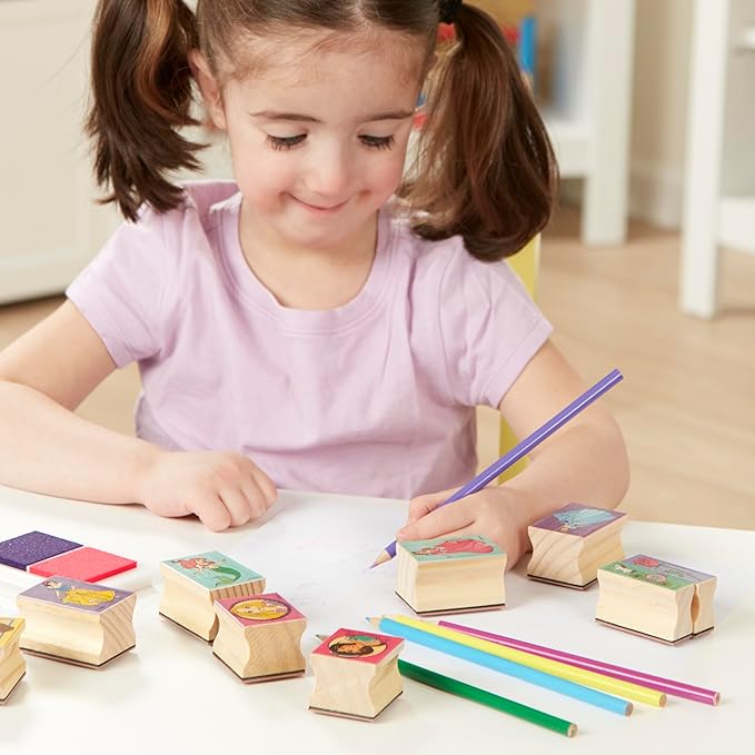 Melissa & Doug Disney Princess Wooden Stamp Set: 9 Stamps, 5 Colored Pencils, and 2-Color Stamp Pad Disney Princess Coloring, Stamps with Washable Ink, for Kids Ages 4+