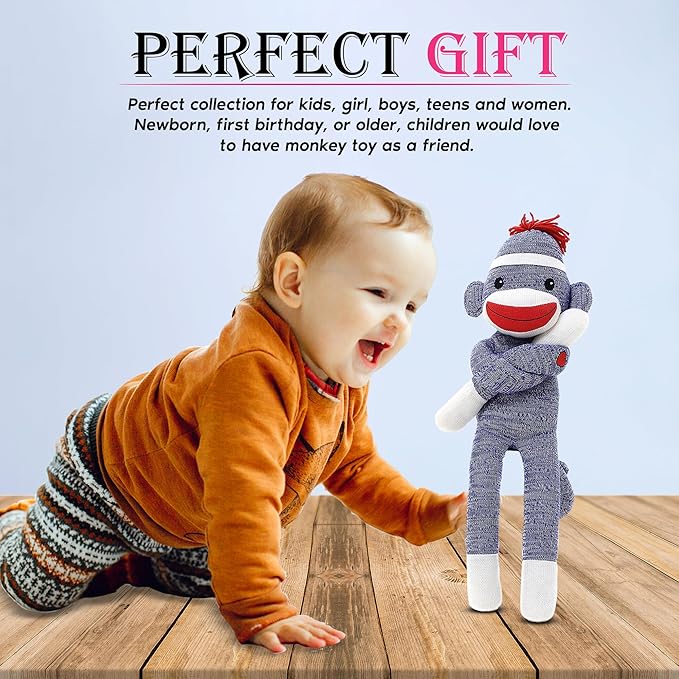 Adorable Sock Monkey, The Original Traditional Hand Knitted Stuffed Animal Toy Gift-for Kids, Babies, Teens, Girls and Boys Baby Doll Present Puppet (20" Blue)