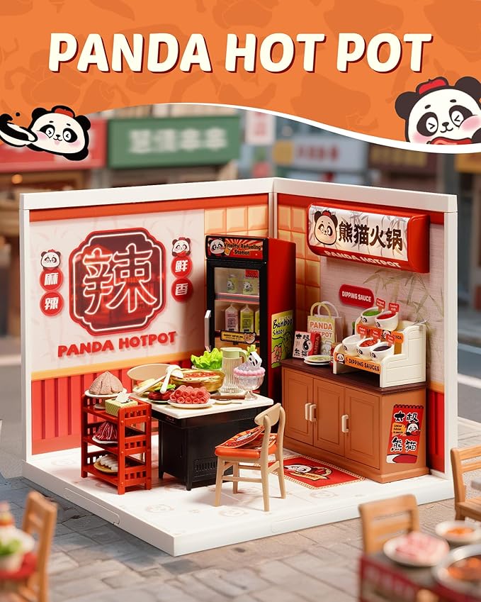 Rolife Super Creator Series, DIY Mini Panda Hot Pot Dollhouse House Kit, Bulid Scenary for Action Collectible Figures, Creative Gifts for Women Adults