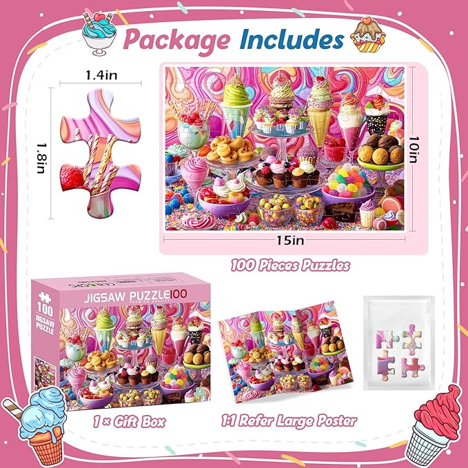 Puzzles for Kids Ages 4-8,100 Piece Puzzles for Kids Ice Cream Puzzle for Kid Ages 4-6 6-8 8-10 Large Piece Jigsaw Puzzle for Children Senior Adult Educational Puzzle Toys Preschool Birthday Gifts