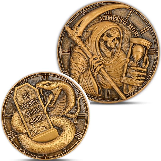 Memento Mori Challenge Coin - Hourglass & Scythe Design with Latin Inscriptions, Embrace Life’s Transience with Inspirational Design (Single Coin)