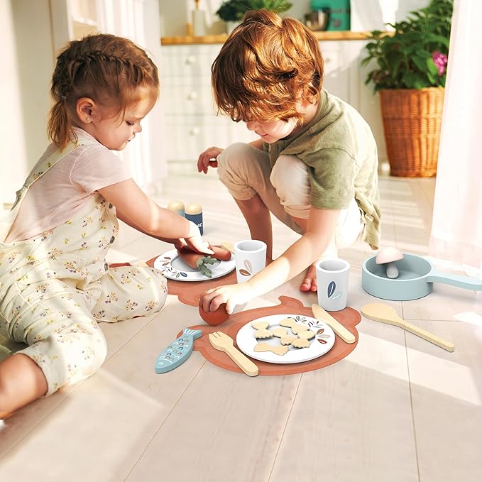 Speedy Monkey Wooden Dining Playset for Kids – 19-Piece Pretend Play Cooking & Kitchen Accessories – Diner Food Toy for Toddlers, Boys & Girls – FSC Certified Role Play Chef Set