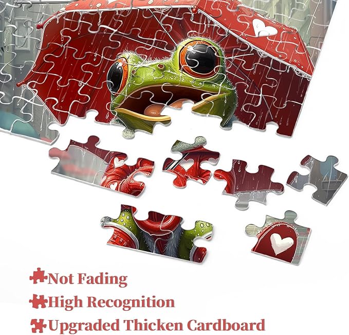 Cute Frog Puzzles for Adults 1000 Pieces, PICKFORU Happy Rain Fun Jigsaw Puzzle Umbrella, Challenging Colorful Love Hearts Theme as Art Decor