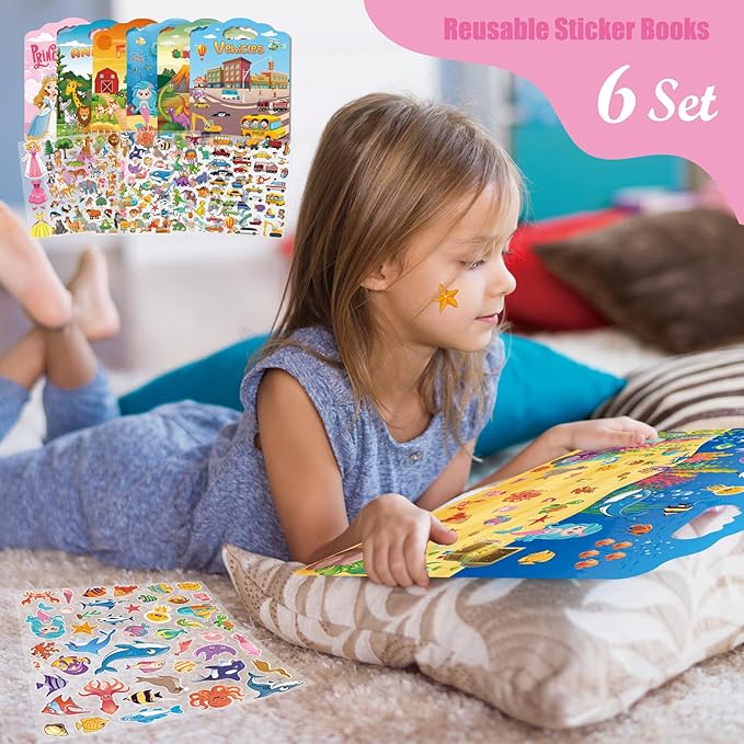 6Set Reusable Sticker Books for Toddlers 2-4 Years, Toddler Sticker Books Ages 1-3, Kids Puffy Activity Book Set Include Animal,Farm,Princess,Vehicles,Ocean,Dinosaurs