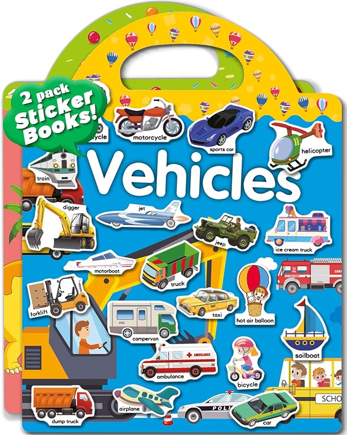 2 Pack Vehicle Dinosaur Reusable Sticker Book for Toddlers 2-4 Years, Toddler Sticker Book for Kids, Toddler Activities Crafts Preschool Learning Travel Birthday Gifts for Boys Girls