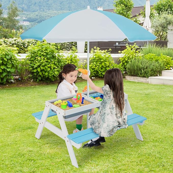 HONEY JOY Kids Picnic Table, 4 in 1 Cedar Wooden Sand & Water Table w/ 2 Removable Box & Umbrella, Kids Picnic Tables for Outdoors Backyard Garden, Toddler Patio Furniture Set for Boys Girls(Blue)