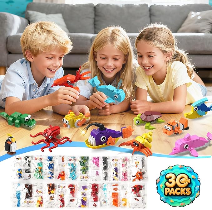 HOGOKIDS 30 Pack Animals Party Favors for Kids, 824PCS Mini Marine Animal Building Block Sets for Goodie Bags Filler Classroom Prizes, Easter Basket Stocking Stuffer Birthday for Boys Girls 6+