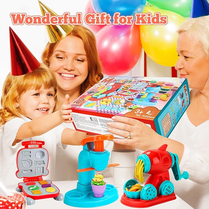59 PCS 3 in 1 Dough Sets for Kids Ages 3-4-8, Art Crafts Dough Tools Kit, Ice Cream Playset Noodle Hamburger Maker Machine, Kitchen Creations Food Play Toys Toddlers Boys Girls