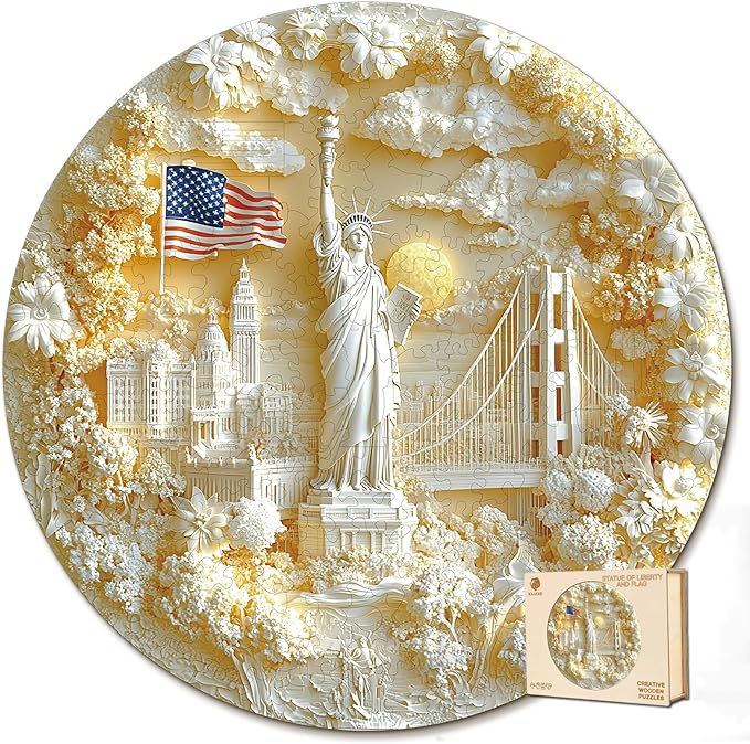 Wooden Puzzles for Adults,Statue of Liberty and Flag Puzzle, Unique Shaped Wooden Jigsaw Puzzles for Adults, Family Puzzle(100 Pieces 11.4X 11.4in 194pcs)