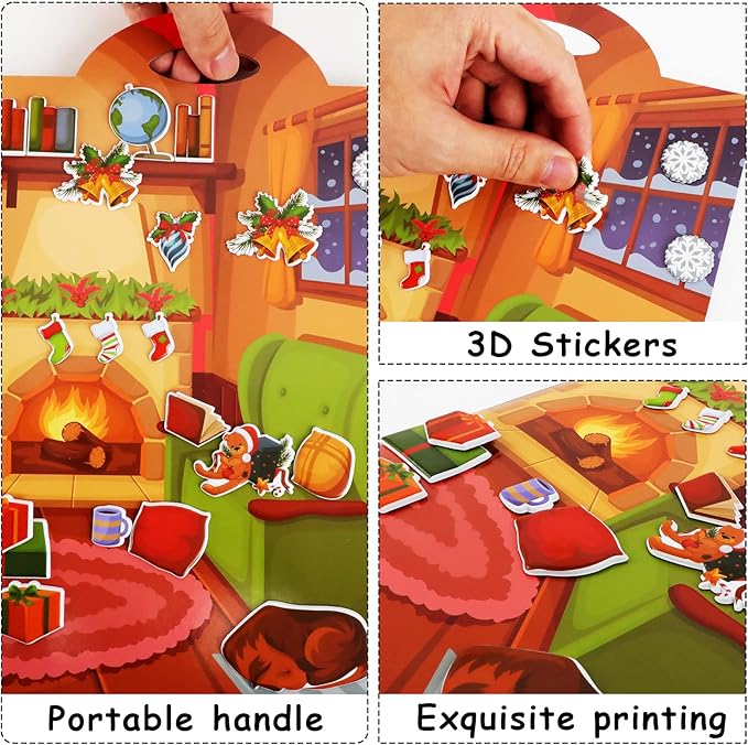 Christmas 3D Puffy Sticker Play Set Xmas Activity Book for Kids Toddlers 2-4 Toys Sticker Merry Christmas Holiday Party Supplies 100 Reusable Puffy Window Decals 2 Fold-Out Fireplace Scenes