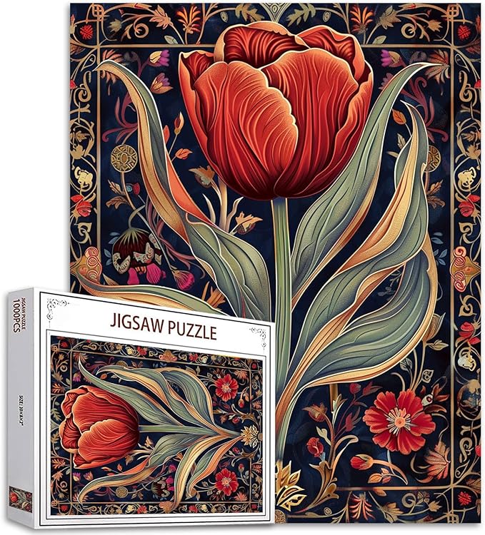 Red Tulip Flower Jigsaw Puzzle 1000 Pieces Puzzles for Adults,Symbol of Purity Jigsaw Puzzles for Challenging Family Activity Games Colorful Celtic Background Puzzle for Home Decor Gifts