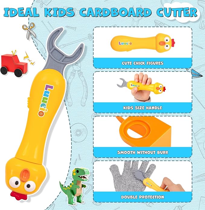 196 PCS Cardboard Cutter for Kids, Reusable Safe Cardboard Tools for Kids with Box, Gloves, Screws, Connectors, Screwdrivers, Saws, Educational Toys for 5 6 7 8 Year Old, Birthday Gift for Boys Girls