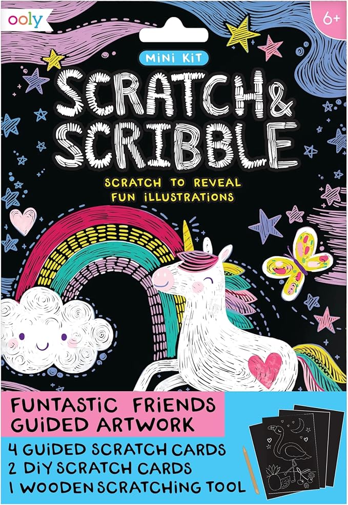 Ooly Mini Scratch & Scribble Art Kit - 6 Card Rainbow Scratch Art Set Gifts for Kids, Travel-Friendly Craft Kit, Scratching Tool Included - Funtastic Friends