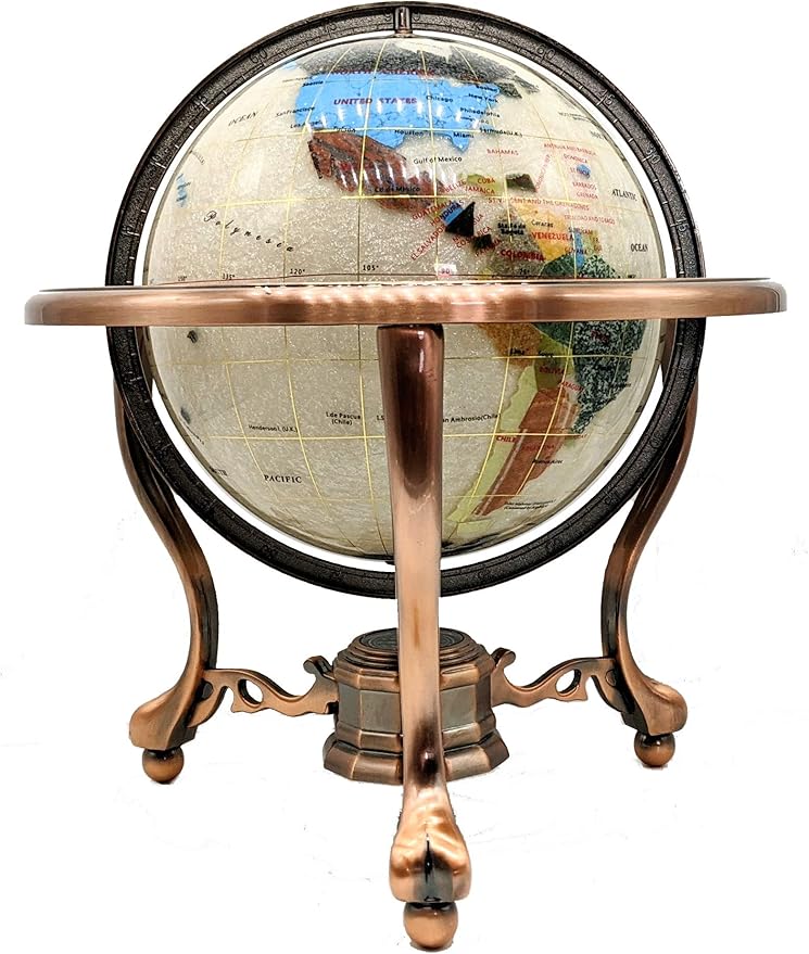 Limited Edition! Unique Art Since 1996 Pearl Swirl Table Top Gemstone World Globe with Tripod Vintage Copper Zinc Alloy Stand (220MM/9 INCHES/PEARL OCEAN/COPPER)