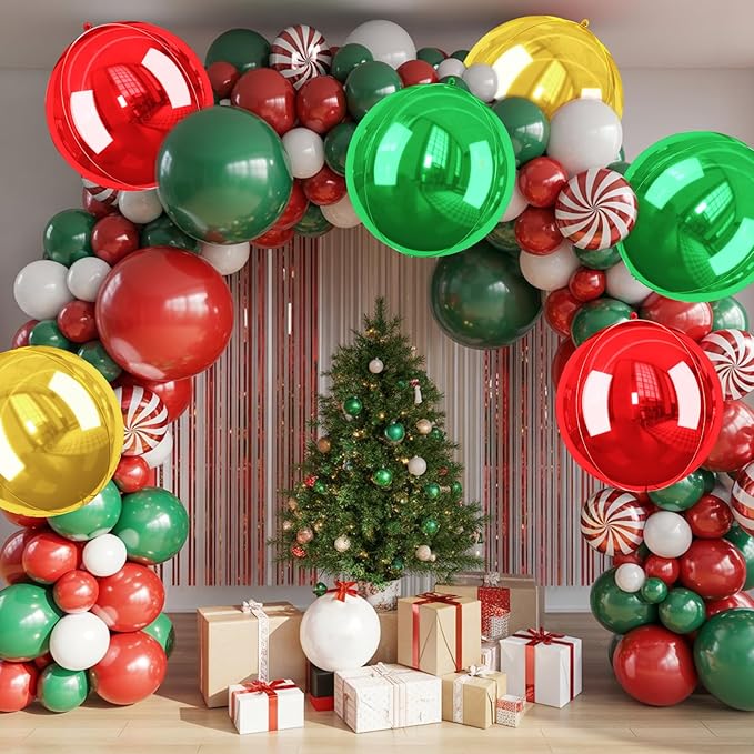 Christmas Foil Balloons Red Green Gold, 6 Pcs Red and Green Round Balloons, 22 Inch Big Round Foil Balloon for Christmas Party Decorations