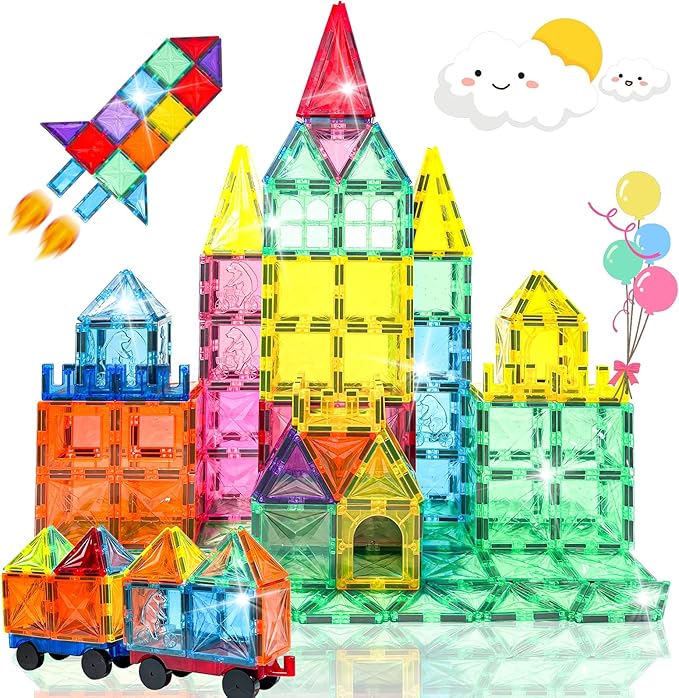 Magnetic Tiles, 100PCS Kids Magnetic Blocks Toy Set, Magnet Tiles 3D Clear Building Blocks Set with 2 Cars, STEM Sensory Educational Toys Gift for Toddlers Boys 3 4 5 6 7 8 9