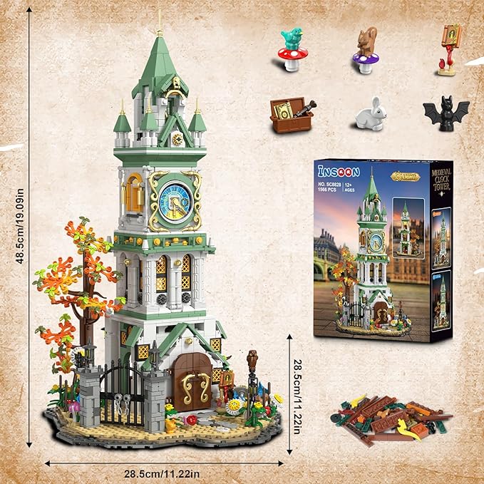 Magic Clock Tower Building Set with Light, 1566 PCS Big Medieval Castle House Construction Model with Owl & Garden, Home Decor Building Block Kit, for Adults Teens Boys Girls 12+