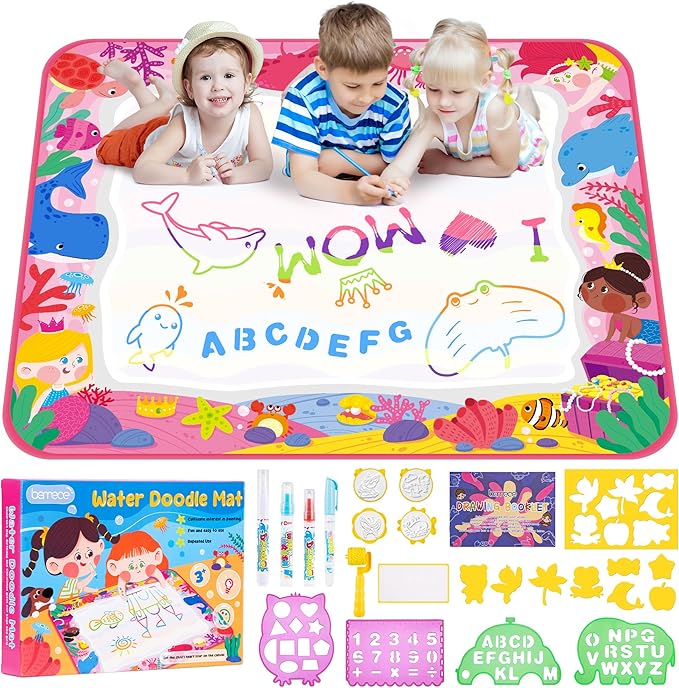 Bemece Water Doodle Mat, Writing Color Doodle Mat with Magic Pens & Stamps, Aqua Magic Doodle Mat, Educational Toys for Boys and Girls 3 4 5 6 7 Years Gift