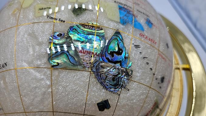 Unique Art 13" Tall 9" Diameter Pearl White Ocean Desktop 4-Leg Gold Stand Gemstone Globe