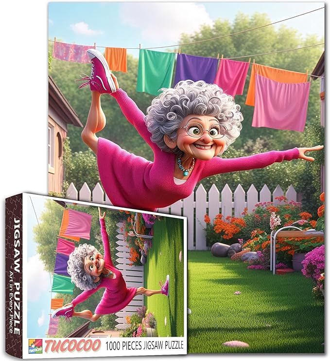 Funny Cartoon Granny Jigsaw Puzzle for Adults 1000 Piece Colorful Backyard Scene Elderly Lady Doing Yoga in Garden 20×27 Inches Puzzles Fun Brain Game for Family and Friends Stress Relief