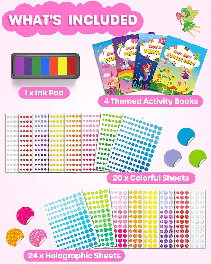 D-FantiX Dot Art Sticker Book Kits with Ink Pad, Mess-Free Finger Painting for Toddlers, Unicorn, Princess, Mermaid, Flower Fairy Arts and Crafts, Kids Travel Activities