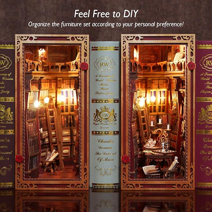 DIY Book Nook Kit, Beauty and The Beast, Dollhouse Miniature, Booknook Bookshelf Insert Decor Alley 3D Wooden Puzzle, Bookends Model Building Kit with LED Light for Adults, Enchanted Library