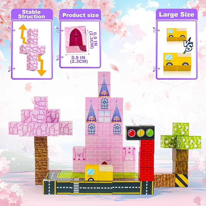Magnetic Blocks 96 PCS Magnet World Princess Pink Castle World,Toys for 3+ Years Old Girls Boys, Montessori Sensory STEM Preschool Outdoor Toddler Toys, Christmas Birthday Gifts for Kids