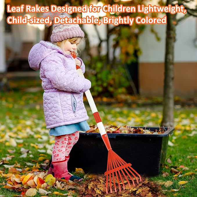 3PCS Kids Rakes for Leaves, 28" Child Size Garden Rake Childrens Yard Lawn Rakes Toddler Leaf Rake with Detachable Hardwood Handle Metal Head Great Garden Tools for Boy Girl, Blue Red Green