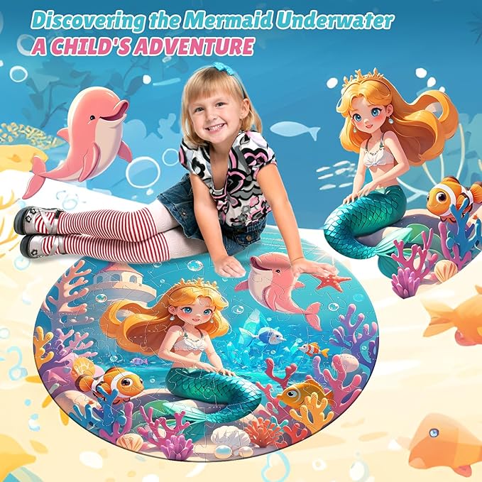 ELX 70 Piece Large Floor Puzzle for Kids Ages 4-8,Mermaid Princess & World Map Jigsaw Puzzles,Double-Sided Ocean Round Puzzles for Toddlers,Educational Toys for 4-8 Year Old Boys&Girls (22.5 Inch)