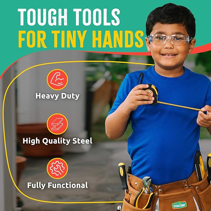 SparkJump Deluxe Kids Tool Set, Real Tools with Leather Tool Belt & Tool Box, Beginner Tool Kit for Boys & Girls Ages 4-6 & Up, Brown Ultimate Tool Set