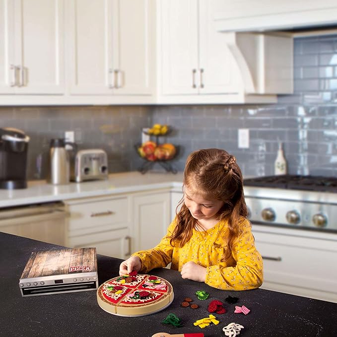 Let's Make a Pizza - Pretend Food Playset with 4 Wooden Pie Slices, 140 Felt Toppings, Wood Roller, and 3-in-1 Cardboard Box Prep Station, Oven, & Serving Table - Cute Cooking Toys for Boys & Girls