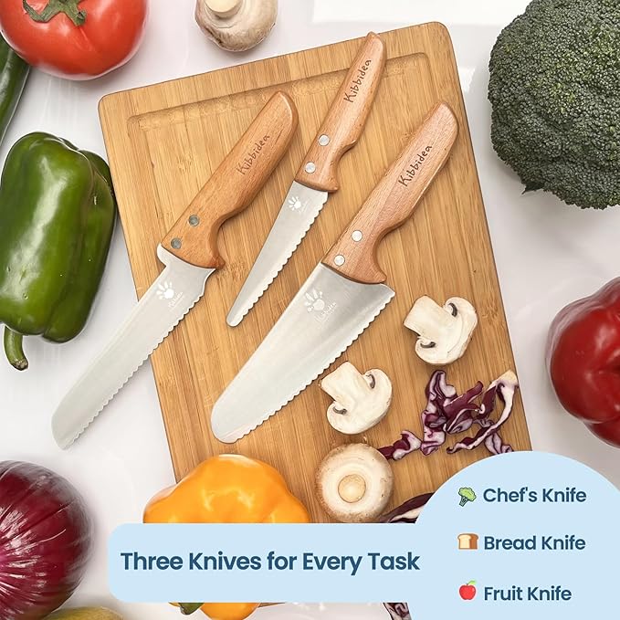 Kibbidea Kids Knife Set for Real Cooking Safe, 4pcs Kids Kitchen Cutting Chopping Knives, Food-grade Stainless Steel Blades, Metal Children First Starter knife, BPA-free Tool (Silver)