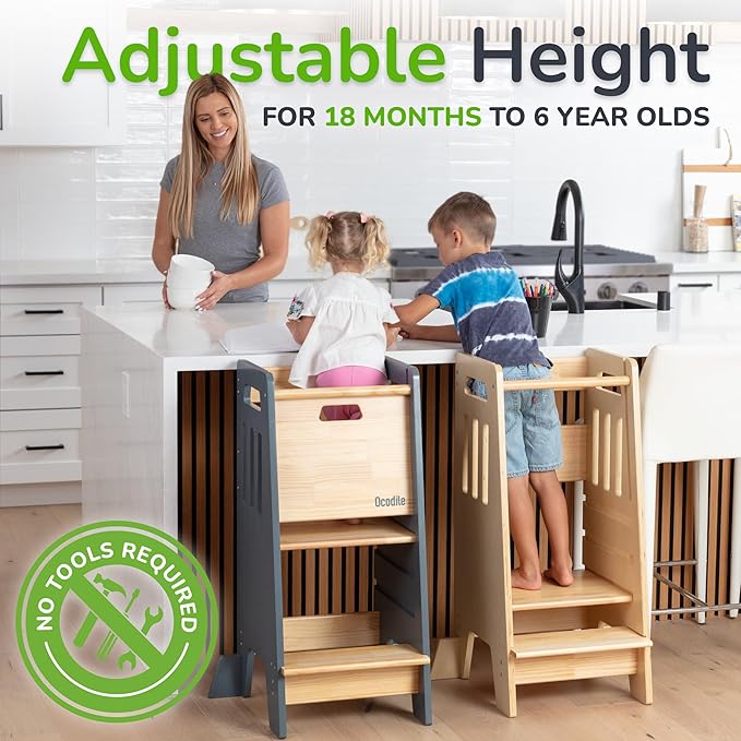 OCODILE Toddler Tower with a Sliding Door and 3 Adjustable Heights - Complete Toddler Kitchen Stool Helper with Support Feet - Safe Design for 18+ Months to 6-Year-Old Kids - Gray