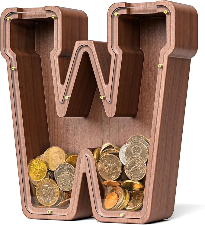 Summidate Wooden Letter Piggy Bank, Extra Thick Large Capacity Piggy Bank for Kids Boys Girls Toddler, Alphabet W Money Bank| Coin Box Birthday, Christmas, Festival