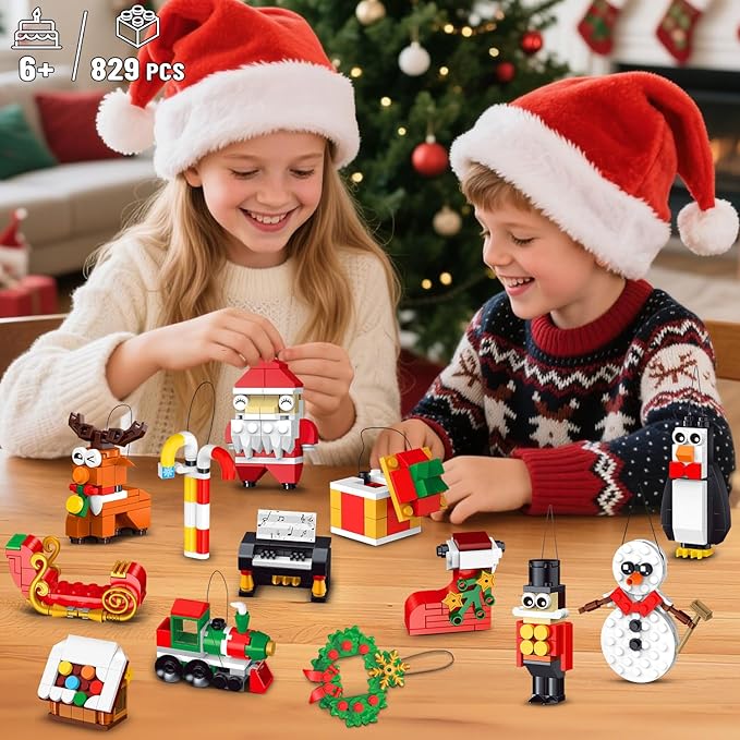 HOGOKIDS 2025 Advent Calendar Christmas Ornaments Building Set, 24 Days Countdown Hanging Christmas Tree Decor Wreath Santa Snowman Xmas Gift Stocking Stuffer Building Toys for Kids Boys Girls Ages 6+