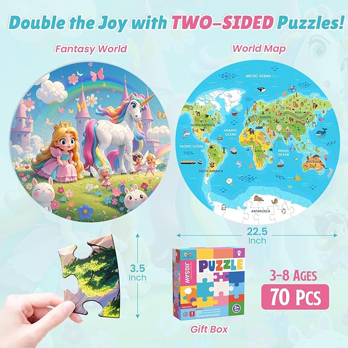 ELX 70 Piece Floor Puzzle for Kids Ages 4-8,Unicorn Princess & World Map Jigsaw Puzzles,Double-Sided Round Large Puzzles for Toddlers,Educational Toys for Boys & Girls (22.5 Inch)