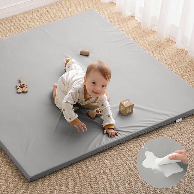 Blissful Diary Vegan Leather Baby Play Mat, 50x50 Thicken Foam Cushioned & Waterproof Playpen Mat for Infants and Toddlers, Stylish and Just Wipe-Clean Playmat for Baby Play on Floor, Light Gray