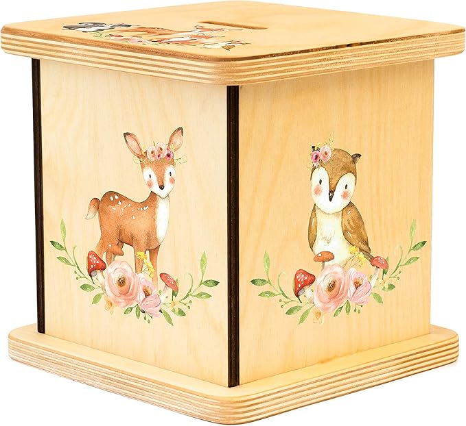 Wooden Piggy Bank for Kids and Adults, Personalized Gift Handmade in USA by BloomOwl, Custom Piggy Bank, Personalized Banks for Kids, Gifts for Baby Boys and Girls (Woodland- Girl)