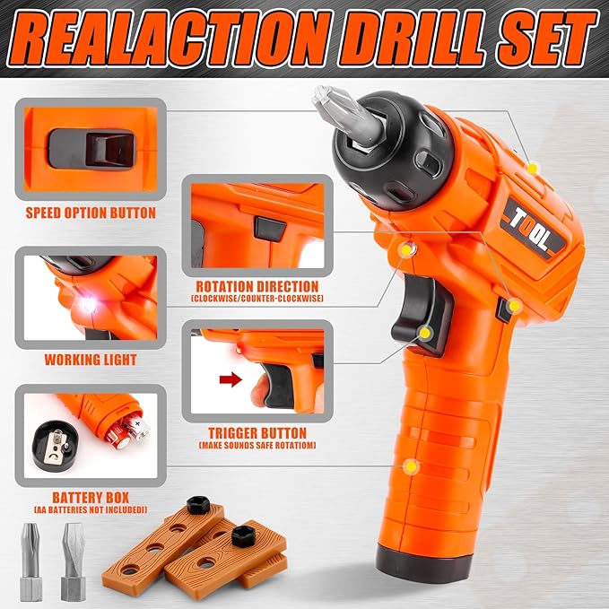 Toy Drill Set for Toddlers 1-3，Electric Power Kids Drill and Screw Set，Kids Pretend Play Tool with Realistic Sound & Action，Preschool STEM Toy for Home & Classroom, Ages 3+