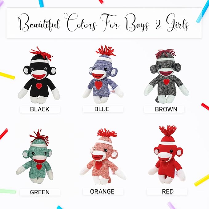 Adorable Sock Monkey 6 Inches, The Original Traditional Hand Knitted Stuffed Animal Toy Gift-for Kids, Babies, Teens, Girls and Boys Baby Doll Present Puppet (Black)