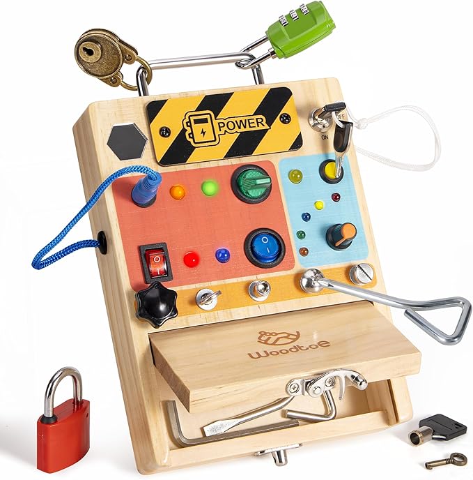 Woodtoe 3-in-1 Busy Board with LED Light Switch, Montessori Toys for 3 4 5 Year Old, Montessori Screwdriver Board Set, Lock and Key Toy, Preschool Learning Sensory, Fine Motor STEM Toys for Toddlers