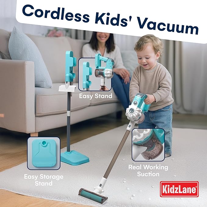 Kidzlane Toy Vacuum Cleaner for Toddlers – Real Working Kids Vacuum with Suction, Cordless Pretend Play Dyson-Style Vacuum Toy, Rechargeable, Multiple Cleaning Modes, Learning & Role-Play Fun