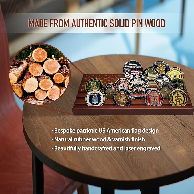 Challenge Coin Display Wooden Army Collectible Coins Holder 6 Row Display American Flag