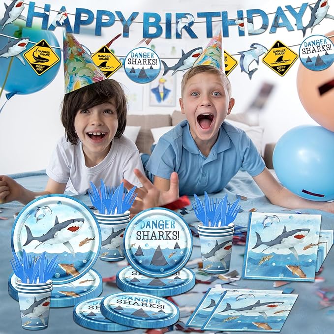 Shark Birthday Party Decorations, 142Pcs Shark Birthday Supplies Tableware Set Includes Plates and Napkins, Cups, Banner, Tablecloth for Baby Shower Ocean Shark Under The Sea Theme Party Supplies