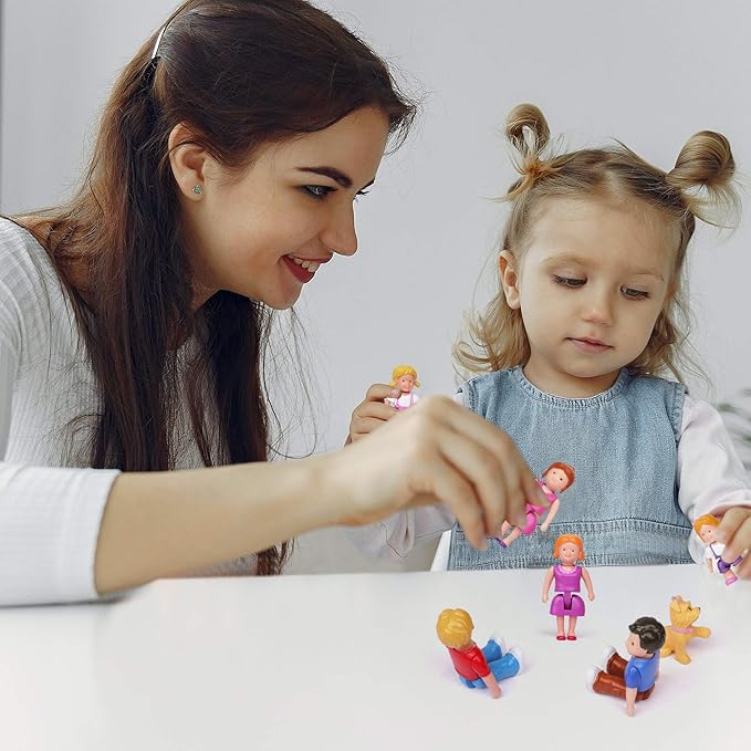 Playkidz Family Figures - Set of 7 Small Toy People for Dollhouse Play, Includes Parents, Sibling, and Pet - Doll House Accessories for Children