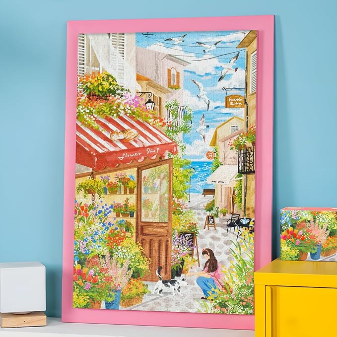 MOMIBOOK Jigsaw Puzzles 1000 Pieces Puzzle for Adults of Sea Breeze Florist, Painting Image Seaside Flower Shop Difficult Challenging Hard Impossible Puzzle Unique Christmas Birthday Gifts