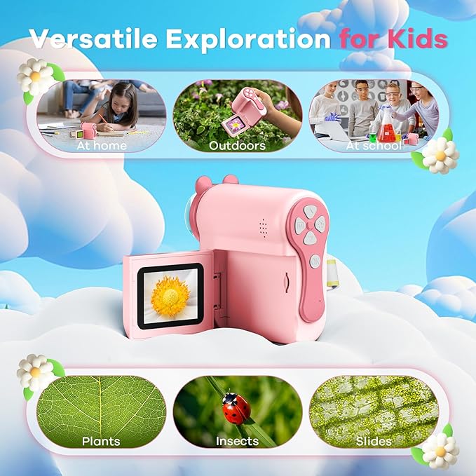HP60 IPS Microscope for Kids: [Auto On & Off] [3-in-1] 2" Portable Handheld Microscope Miniscope, Pocket Mini Scope Educational Science Kit, Christmas Birthday Gifts for Kids, PC View, Pink