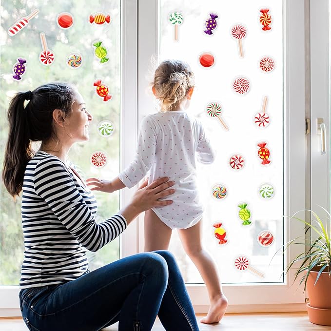 20 PCS Christmas Thick Gel Clings Winter Christmas Peppermint Window Gel Clings Decals Stickers for Kids Toddlers and Adults Home Airplane Classroom Nursery Christmas Holiday Party Supplies