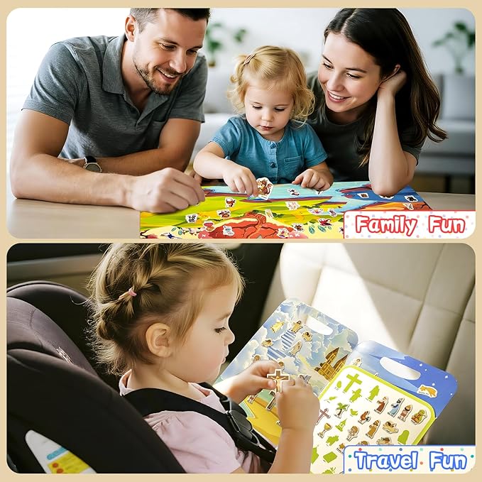 3 Pack Reusable Sticker Books for Kids, Waterproof Puffy Stickers - Match and DIY Scene, Toddler Travel Essential Activities Toys - Christianity Jesus, Noah's Ark and Fairy Tales (2-6 Age)