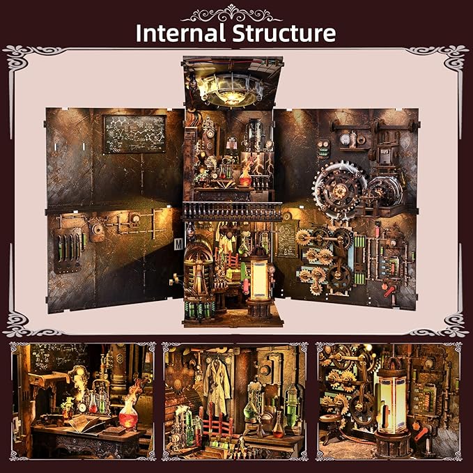 Book Nook Kit, DIY Miniature Dollhouse Booknook Kit, 3D Wooden Puzzle Bookend Bookshelf Insert Decor with LED Light for Teens and Adults (Steampunk Mad Scientist Laboratory)